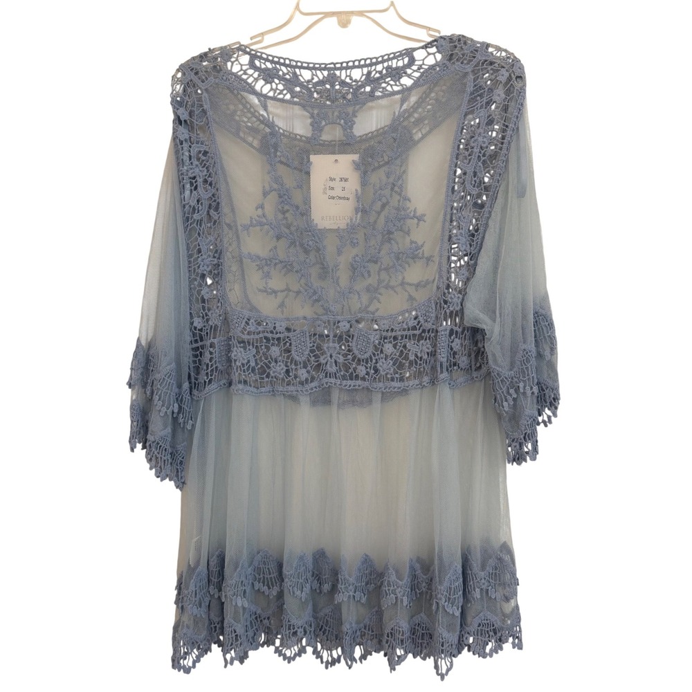 Lace Trim Sheer Tunic Top in Dusty Blue - Fits Like 1X!!! - Picture 6 of 11